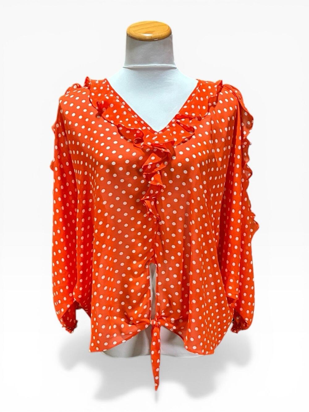 Alberto Makali Ruffle Sleeve Peek A Boo Sheer Red White Polka Dot Tie Front XS